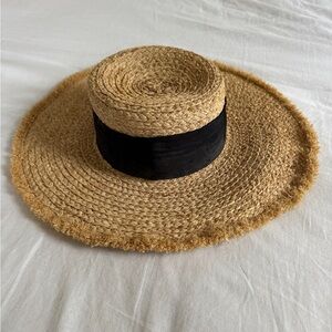 Zara Straw Boater Hat with Black Band - Natural
